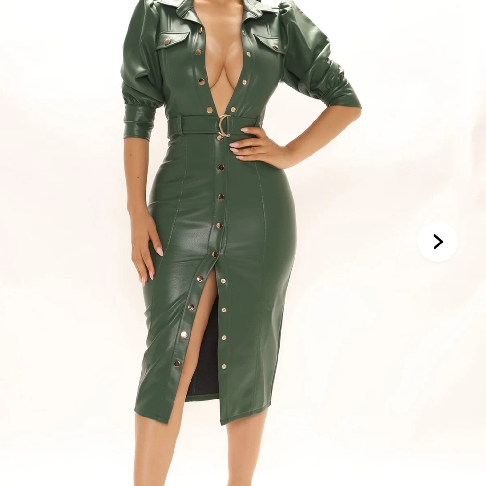 Fashion Nova Olive Green Faux Leather Belted Midi Dress